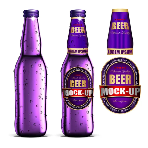 Beer-mock-up-set, garrafa violeta sem rótulo, garrafa com um l —  Vetores de Stock
