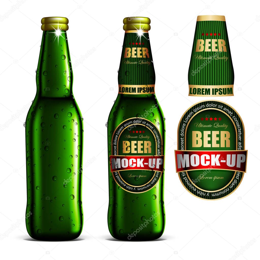 Beer-mock-up-set, green bottle without a label, bottle with a la