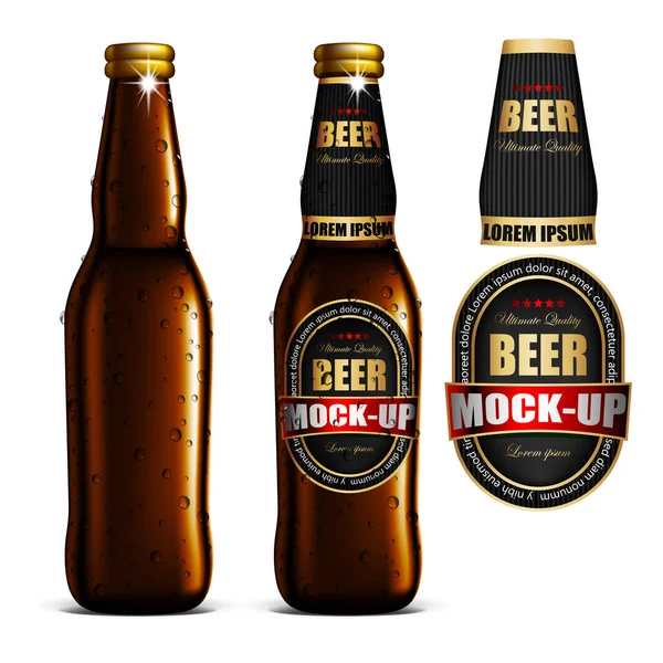 Beer-mock-up-set, garrafa marrom sem rótulo, garrafa com um la —  Vetores de Stock