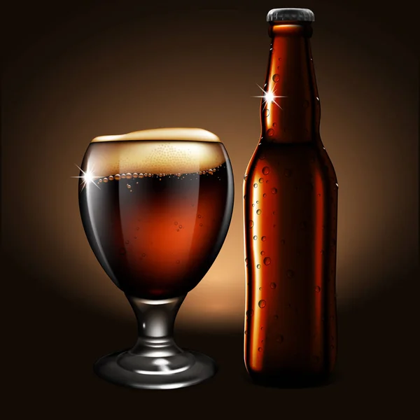 Butelki i szklankę piwa z kropelek wilgoci. Wysoce rea — Wektor stockowy