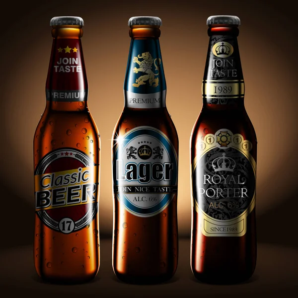 Três garrafas de cerveja com gotas de humidade. Altamente realista. —  Vetores de Stock