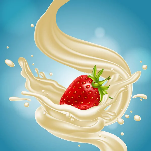 Strawberry in a milk splash, high detailed realistic illustratio — Stock Vector