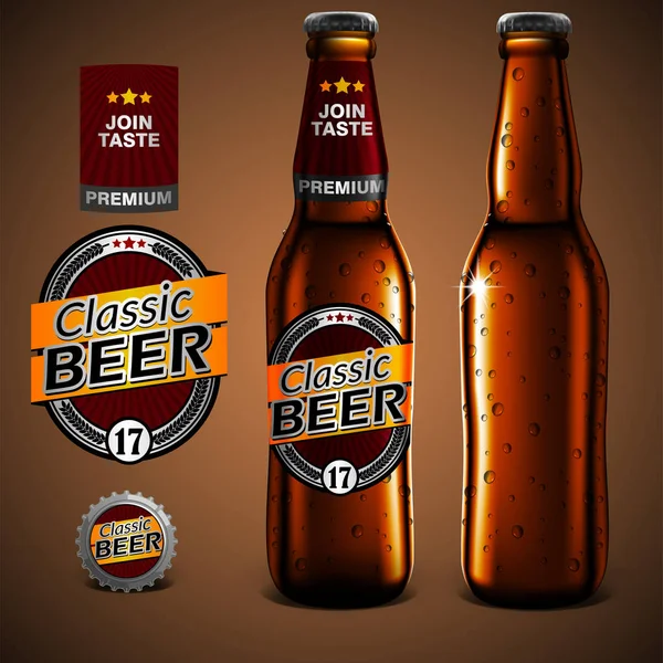 ビールのラベル デザインを模擬、ボトルと液滴とビールのグラス — ストックベクタ