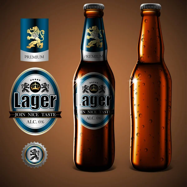 Mock up Bieretikettendesign, Flasche und Glas Bier mit Tröpfchen — Stockvektor