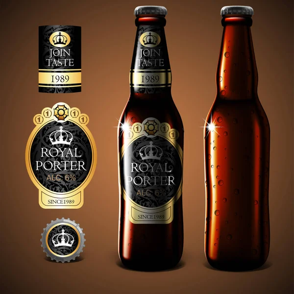 Design de rótulo de cerveja Mock Up, garrafa e copo de cerveja com gotículas —  Vetores de Stock