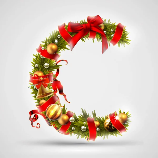 Caratteri natalizi. Lettera C di rami d'albero di Natale, decorato w — Vettoriale Stock