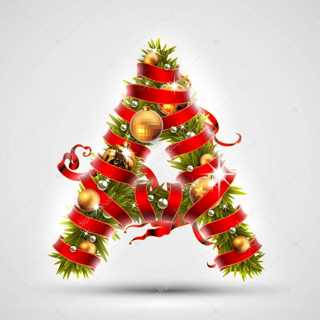 Christmas font. Letter A of Christmas tree branches, decorated w