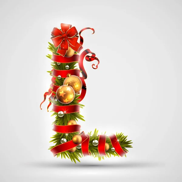 Vánoční písmo. Písmeno L vánoční strom větví, zdobené w — Stockový vektor