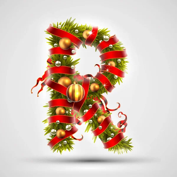 Caratteri natalizi. Lettera R di rami d'albero di Natale, decorato w — Vettoriale Stock