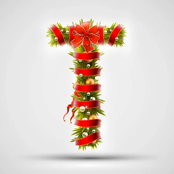 Caratteri natalizi. Lettera T di rami d'albero di Natale, decorato w — Vettoriale Stock
