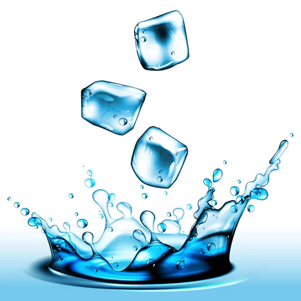 Splash folyadék a leeső darab jég, magas részletes, valós — Stock Vector