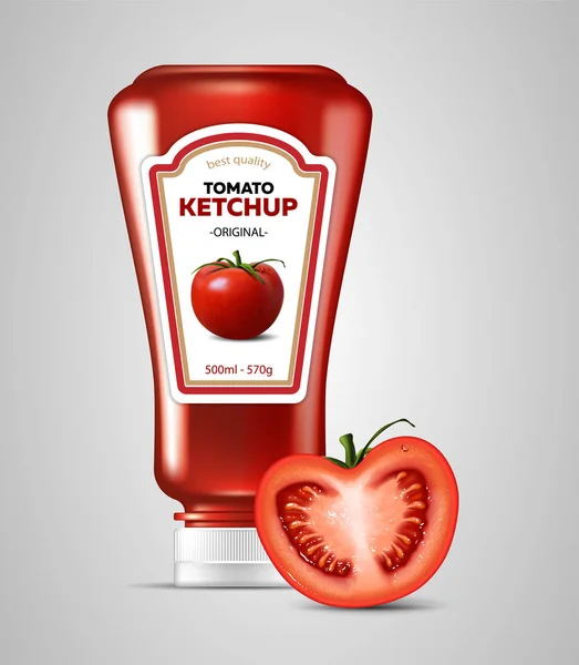 Una bottiglia di ketchup di pomodoro e mezzo pomodoro. Altamente realistico i — Vettoriale Stock