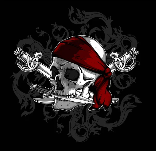 Skull in a red scarf with a knife in his teeth and two sabers. H — Stock Vector