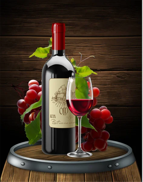 Botella, copa de vino tinto y racimo de uvas en una barra de madera — Vector de stock