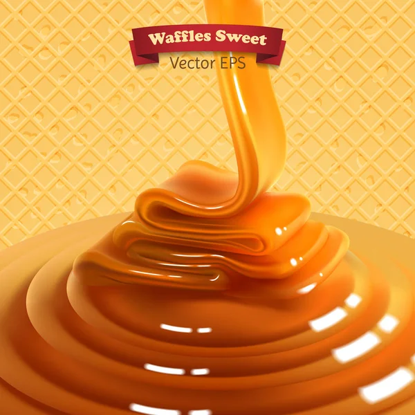 Fluxo de caramelo dourado em um fundo amarelo waffle. Alta det — Vetor de Stock