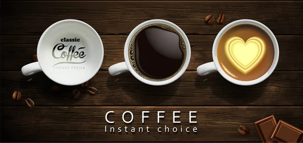 कॉफी जाहिरात डिझाइन. कॉफीसह तीन पांढरा पोर्सेलन कप स्टॉक इलस्ट्रेशन
