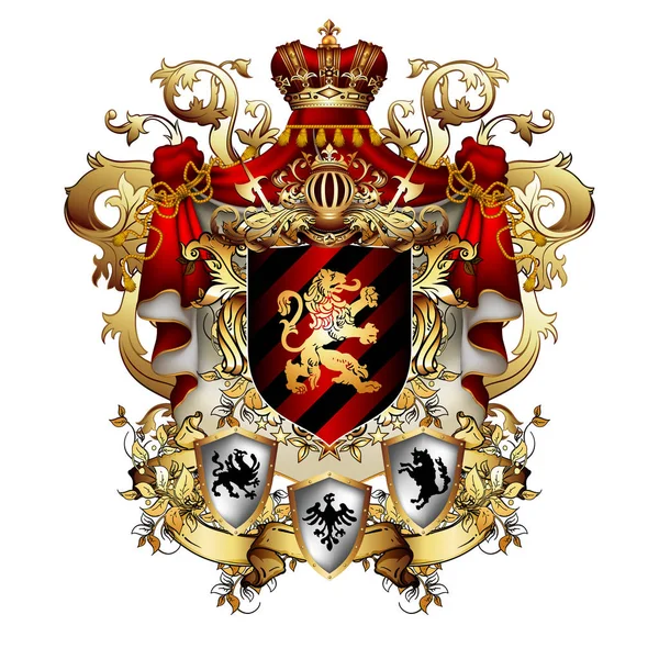 Escudo heráldico con corona y manto rojo, ricamente ornamentado , — Vector de stock