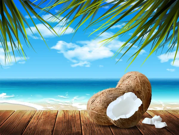 Seascape with foam of the surf. In the foreground are coconuts. — Stock Vector