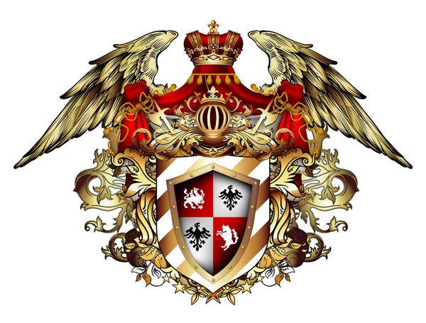 Wappenschild mit Krone und Flügeln, reich verziert, auf einem — Stockvektor