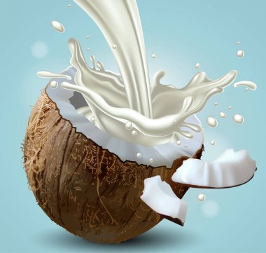 Coconut milk is splashed with sprinkles of coconut. Highly reali clipart