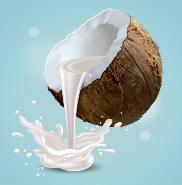 Hindistan cevizi sütü yarım fındıktan dökülür. Çok gerçekçi bir illüstrasyon.