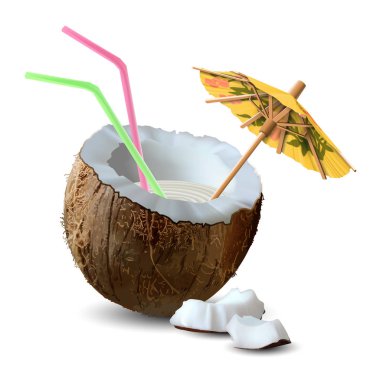 Yarım hindistan cevizi, süt ve birkaç parça ceviz.