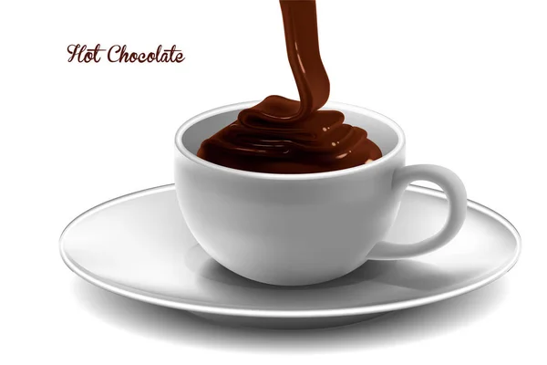 Ein glänzender Schokoladenstrom ergießt sich in eine weiße Porzellantasse. r — Stockvektor