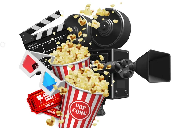 Реклама для киноиндустрии. Камера, попкорн, очки и — стоковый вектор