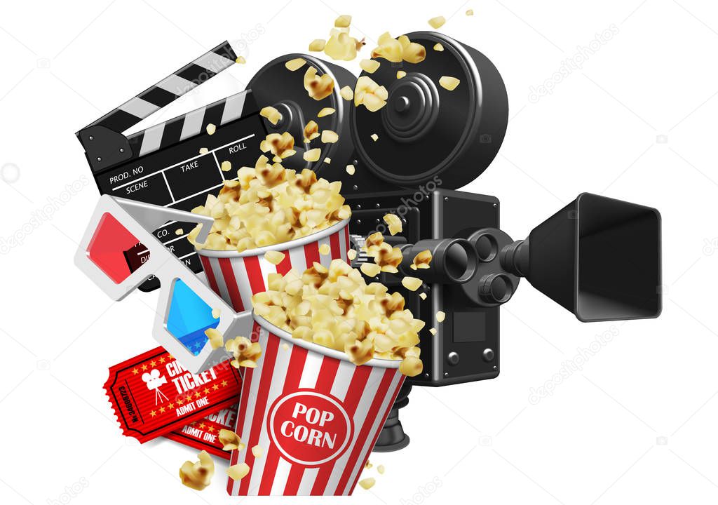 Advertising for the film industry. Camera, popcorn, glasses and 