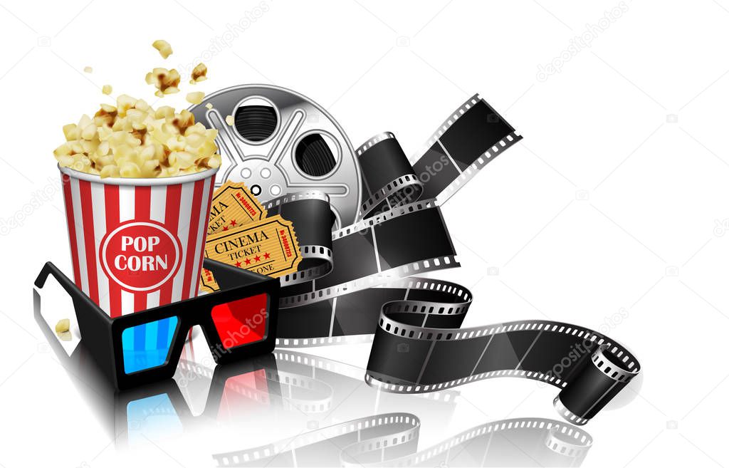 Advertising for the film industry. Film, popcorn, glasses and ti