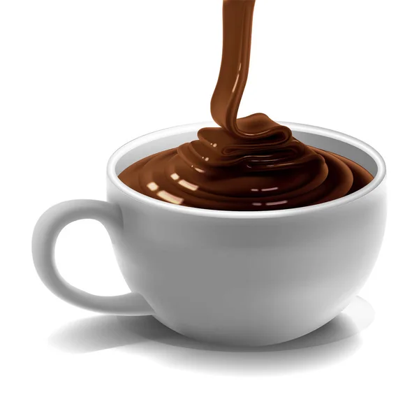 Un flux brillant de chocolat se déverse dans une tasse en porcelaine blanche. R — Image vectorielle