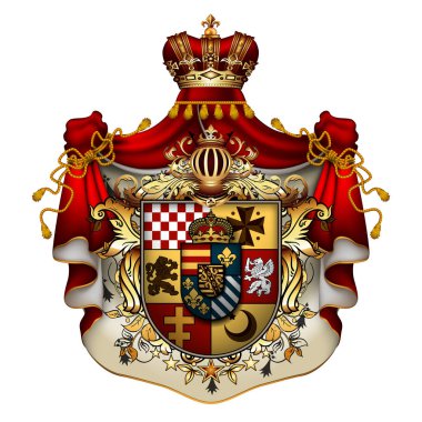 Bir taç ve kraliyet mantosu ile Heraldic kalkan, zengin süslenmiş