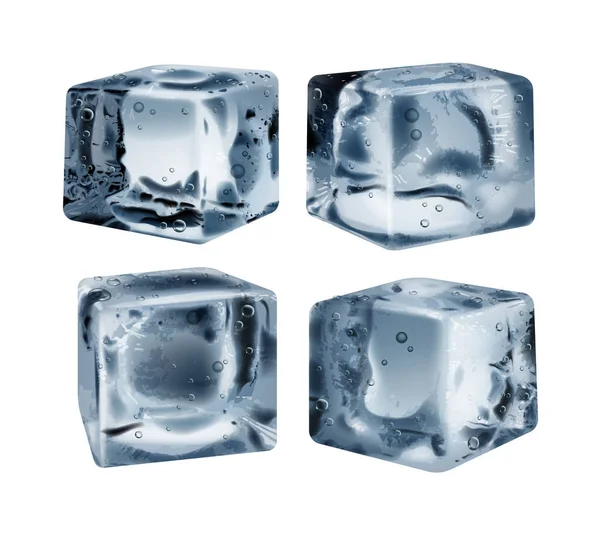 Quatre morceaux de glace transparente, illustres réalistes très détaillés — Image vectorielle