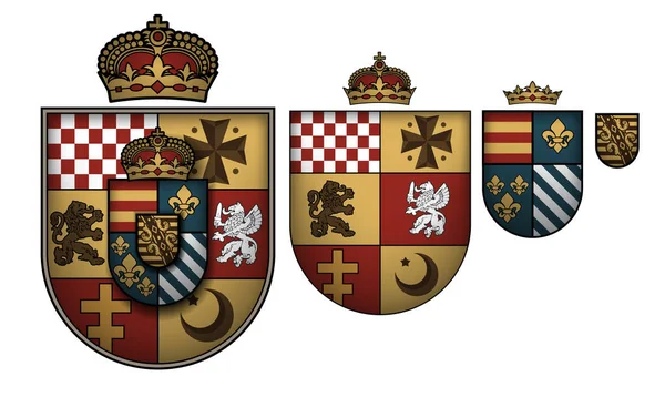 Conjunto de escudos heráldicos ornamentados sobre fundo branco. Alto detalhe —  Vetores de Stock