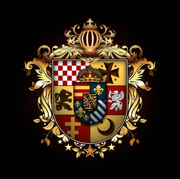 Escudo heráldico con corona sobre fondo negro. Alto detalle. — Vector de stock