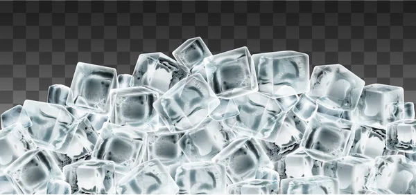 Beaucoup de cubes de glace transparente pure. Illustration très réaliste — Image vectorielle