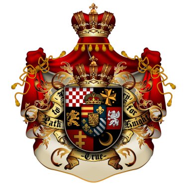 Bir taç ve kraliyet mantosu ile Heraldic kalkan, zengin süslenmiş