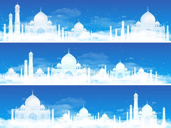 Set von drei Hintergründen mit muslimischen Fest des heiligen Monats Ramadan. 3D-Vektor. Hohe detaillierte realistische Darstellung — Stockvektor