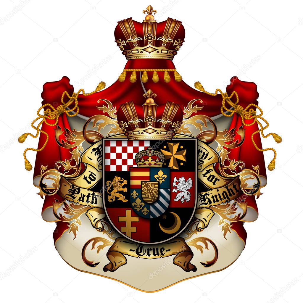 Heraldic shield with a crown and royal mantle, richly ornamented