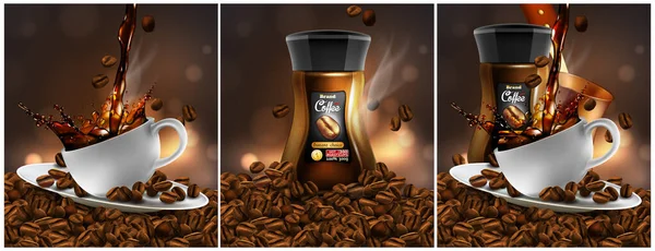 Zestaw Trzech Zdjęć Temat Kawy Wektor Wysoka Szczegółowa Realistyczna Ilustracja — Wektor stockowy