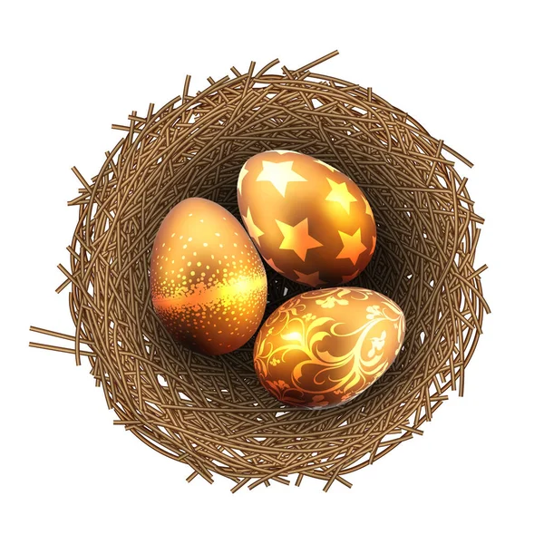 Huevos Pintados Pascua Nido Mimbre Sobre Fondo Blanco Alta Ilustración — Vector de stock