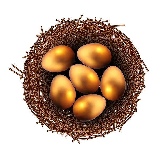 Великодні Золоті Яйця Плетеному Гнізді Білому Тлі Висока Детальна Реалістична — стоковий вектор