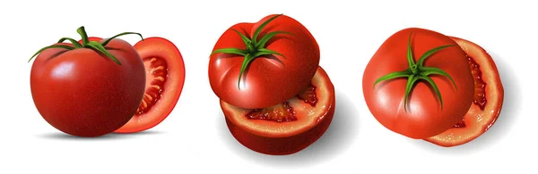 Tre Röda Halverade Tomater Vit Bakgrund Mycket Realistisk Illustration — Stock vektor