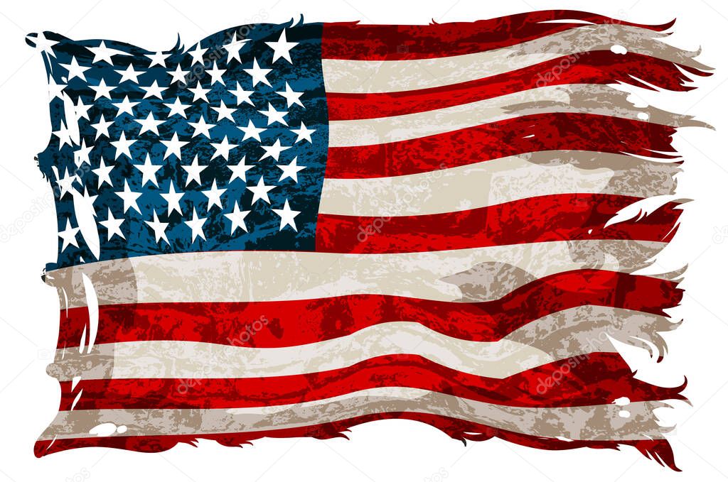 Old, shabby american flag on a white background. Detailed realistic illustration.