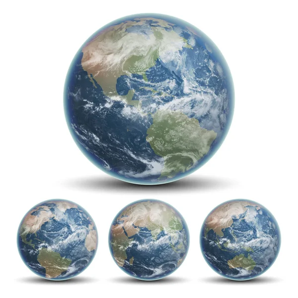 青い惑星地球と白い背景にある3つの小さな地球 非常に現実的なイラスト — ストックベクタ
