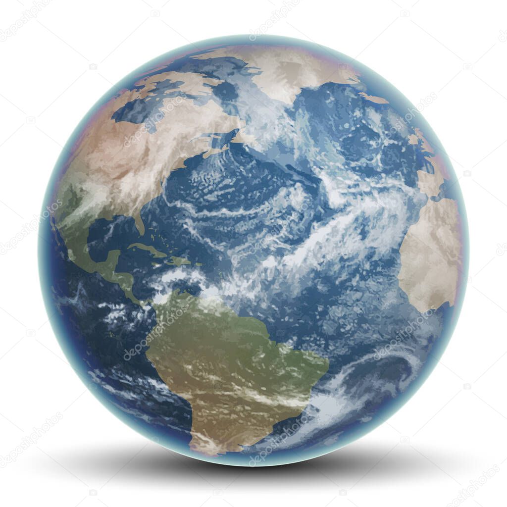 Blue planet Earth with continents and oceans. Highly realistic illustration.