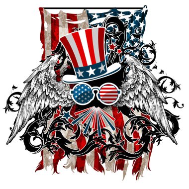 Eski tarz Amerikan bayrağı dekoru olan bir kartpostal ya da pankart tasarımı. Son derece gerçekçi illüstrasyon.