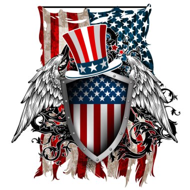 Shield with striped american flag decor and wings in retro style. Detailed realistic illustration. clipart