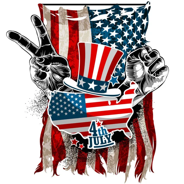 アメリカの旗の装飾と勝利のジェスチャーで側面に2つの手でシールド 現実的なイラスト — ストックベクタ