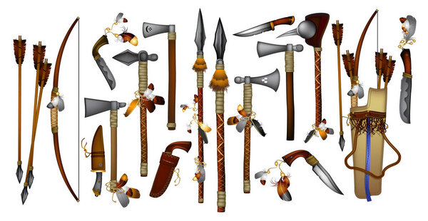 A large set of weapons of ancient people - axes, bows, arrows, knives. Detailed realistic illustration.